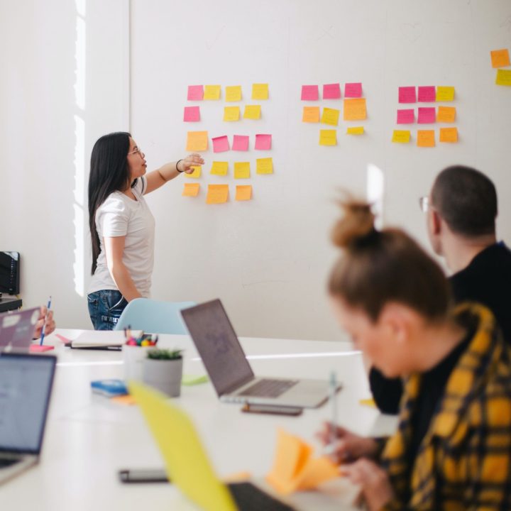 Meeting di brainstorming in cui una ragazza racconta al team i post-it colorati che ha attaccato sul muro, ovvero le idee raccolte