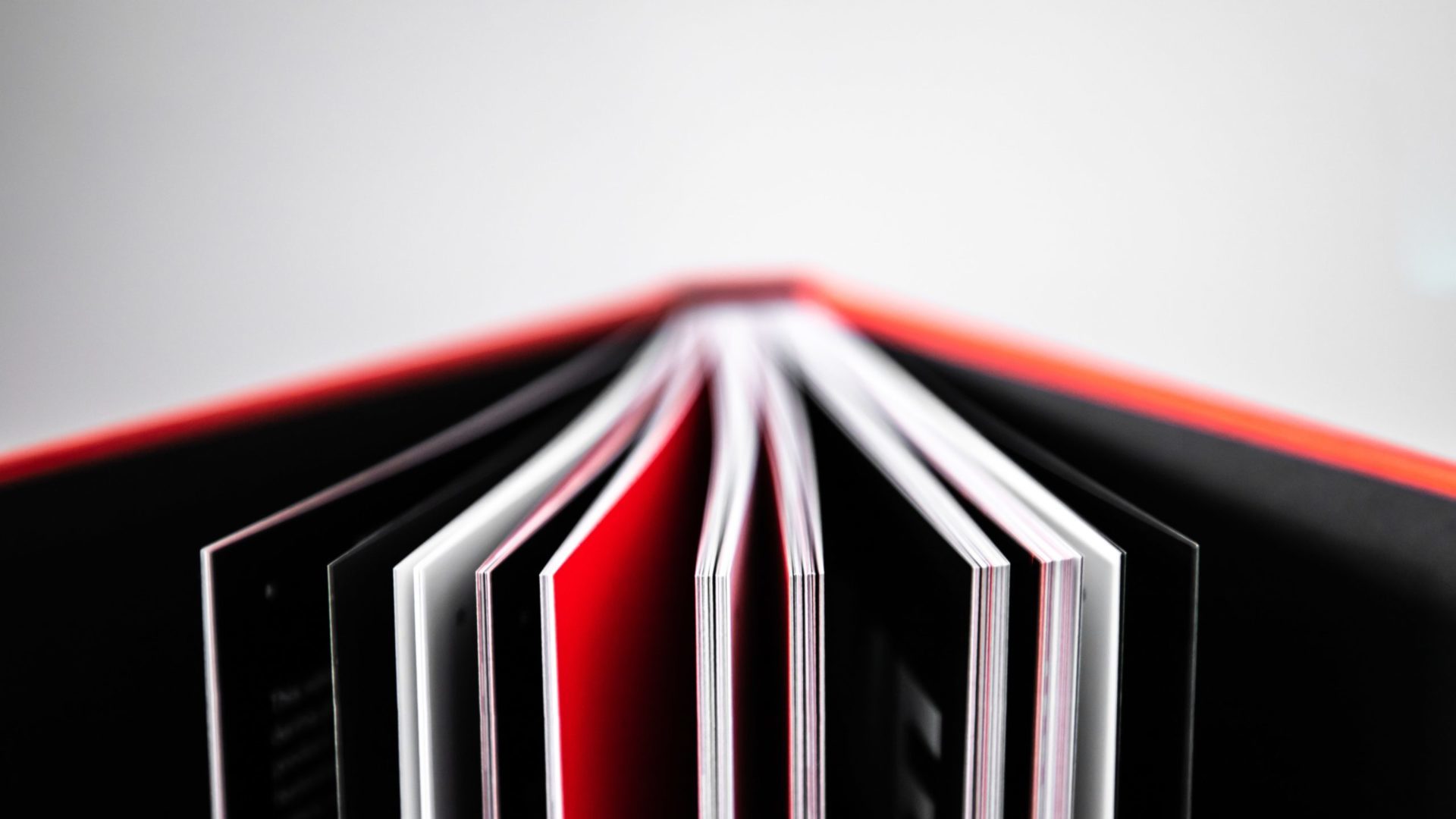 libro aperto con pagine nere, bianche e rosse sul visual design
