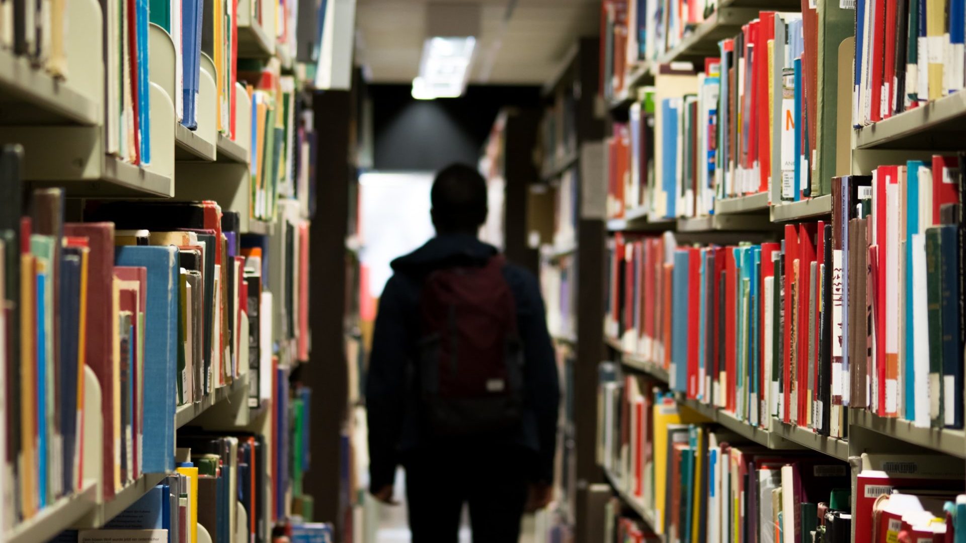 Sagoma nera di uno studente di spalle, che cammina tra gli scaffali di una biblioteca