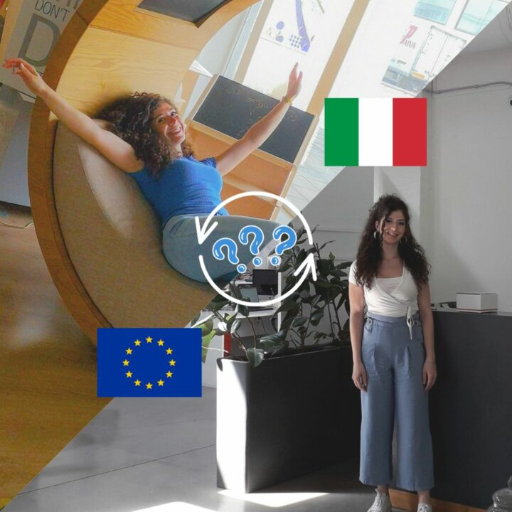 Foto a sinistra: ragazza in ufficio all'estero, sdraiata su una poltrona. Foto a destra: Ragazza in piedi in ufficio in Italia.